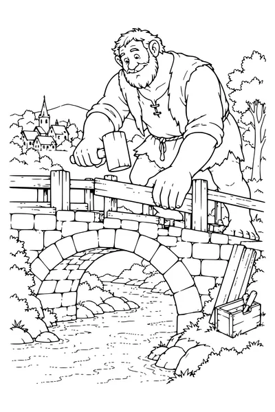 Ausmalbild: Ein Riese repariert eine Brücke.