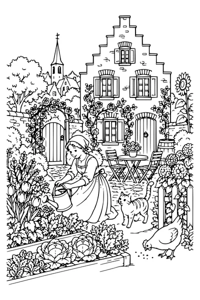 Coloriage : Le jardin derrière le pignon.
