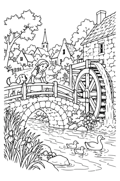 Coloriage : Un petit pont près du moulin.