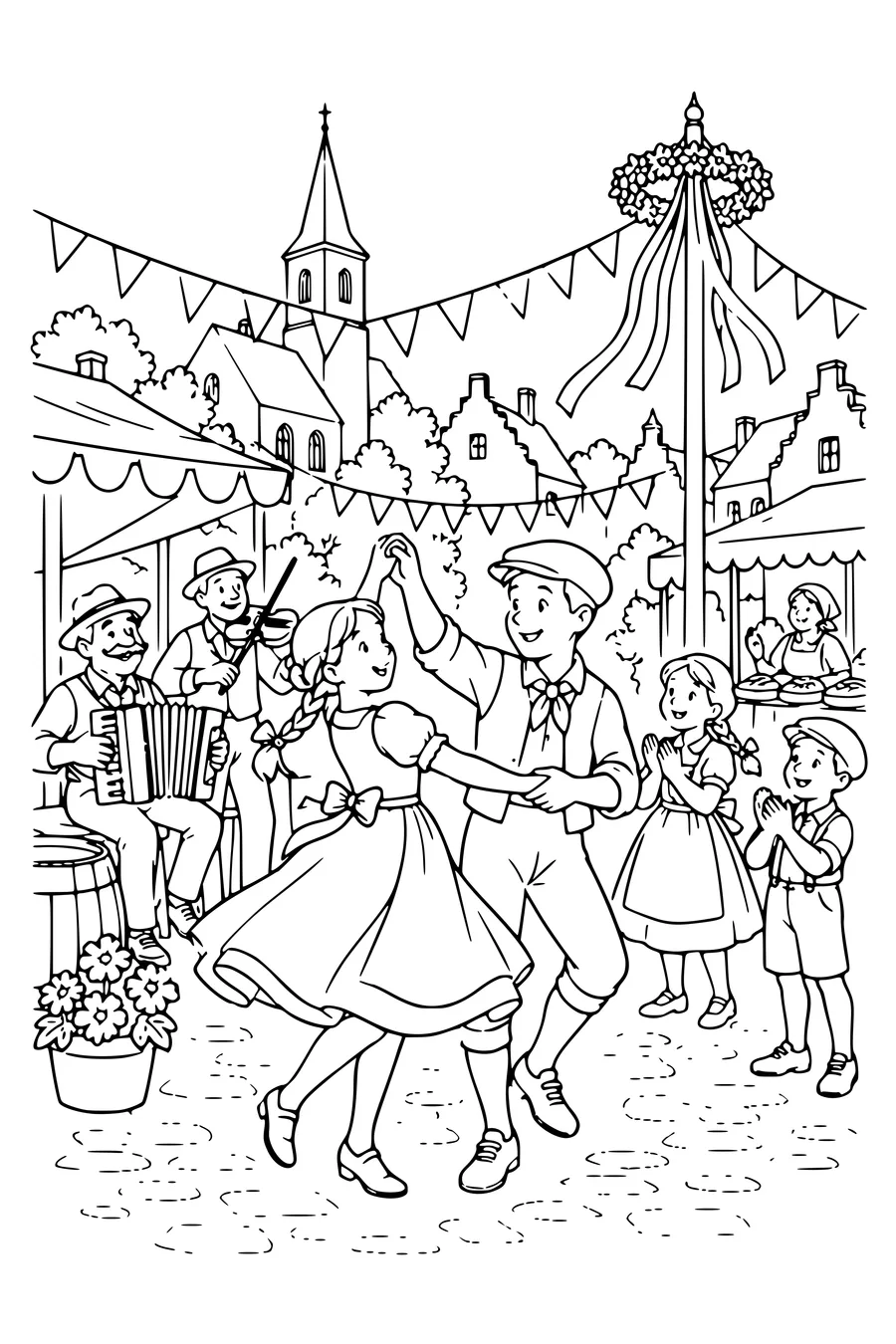 Coloring page: Dancing at the village fair.