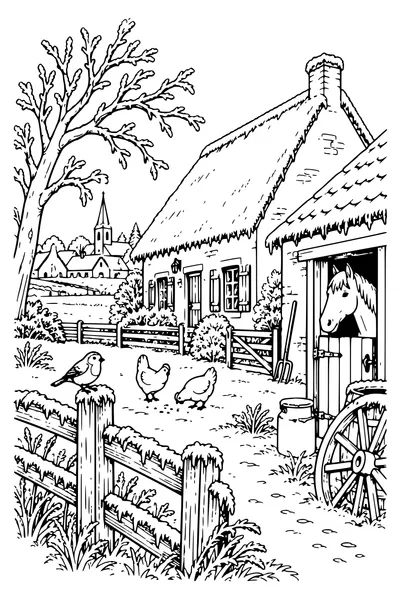 Coloriage : La ferme sous le givre.