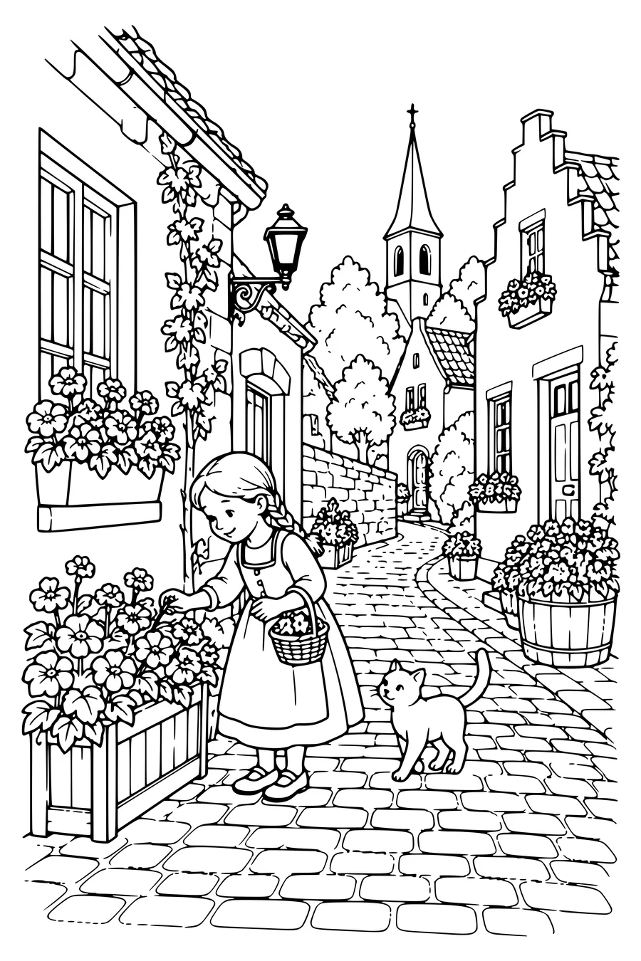 Ausmalbild: Blumenkästen in der Gasse.