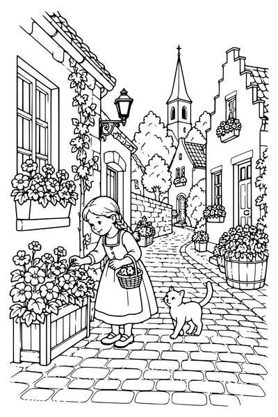 Coloriage : Des jardinières dans la rue.