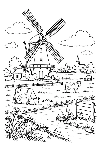 Coloriage : Un moulin parmi les prés.