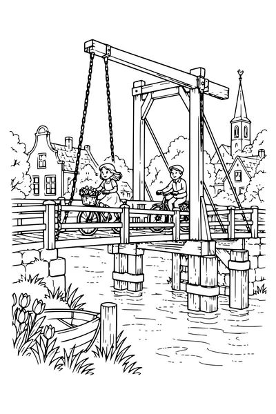 Coloriage : À vélo sur le pont-levis.