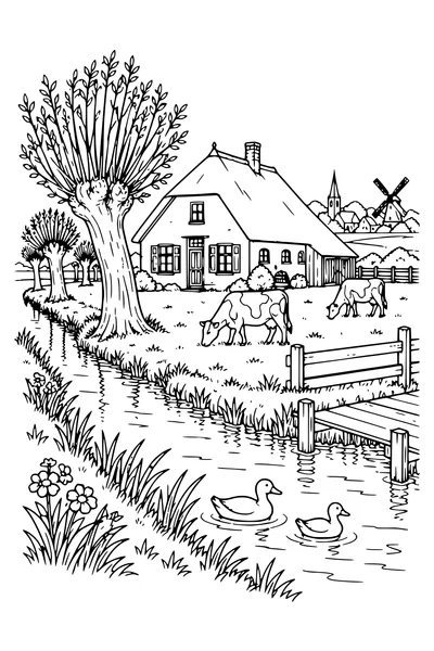Coloriage : La ferme et les saules têtards.