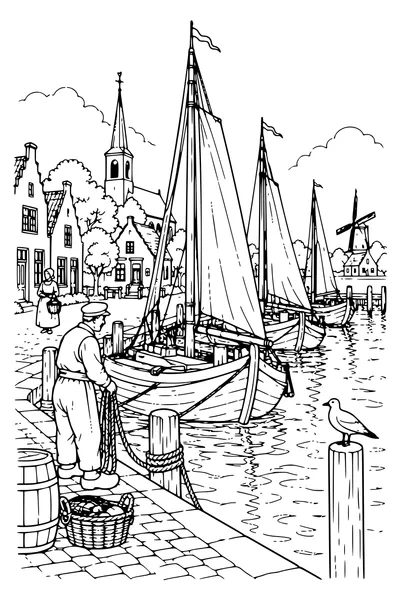 Coloriage : Voiliers dans le port.