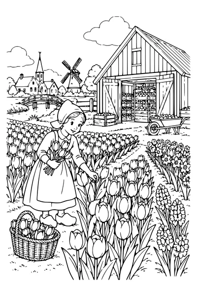 Coloriage : Des tulipes près de la grange.