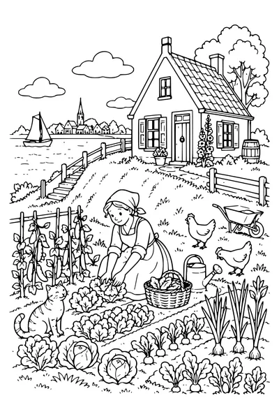 Coloriage : Le potager près de la digue.