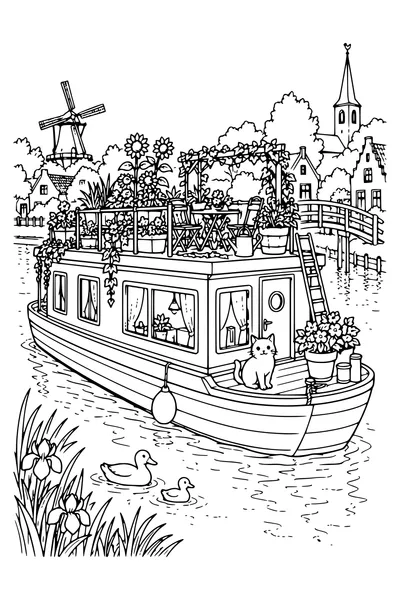 Coloriage : La péniche au jardin fleuri.