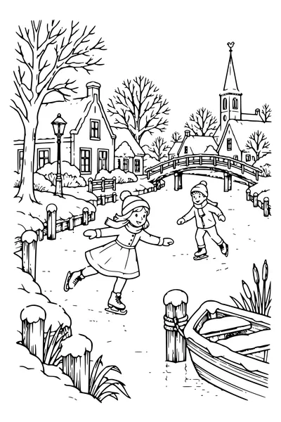 Coloriage : Patinage sur le canal du village.