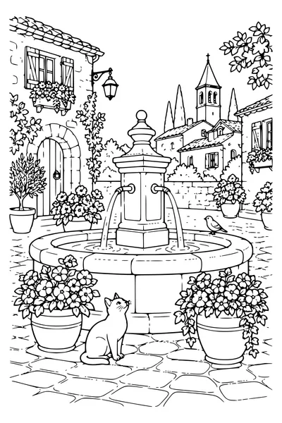 Coloriage : Des fleurs autour de la fontaine.