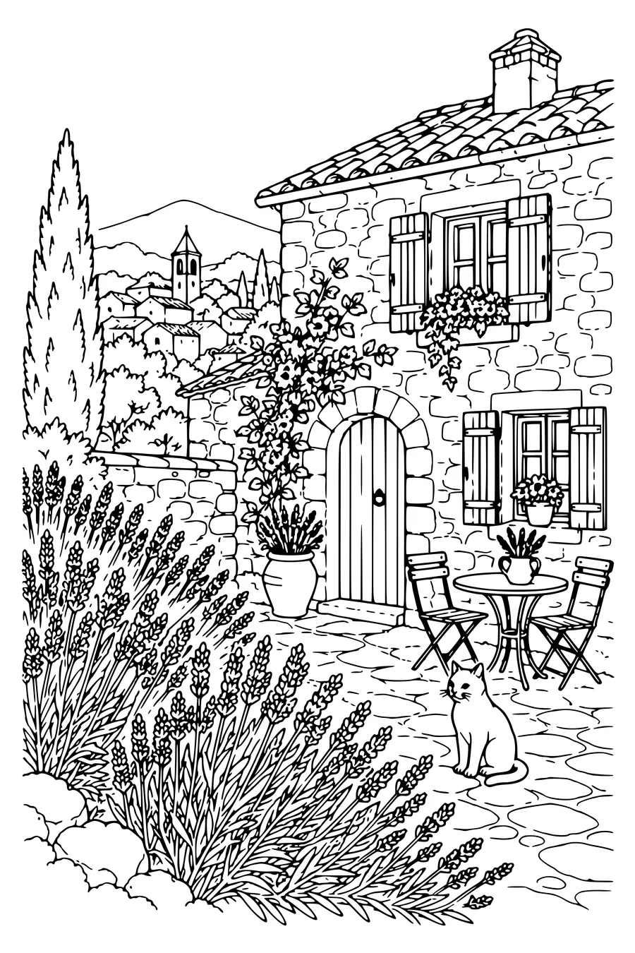 Coloriage : La lavande devant la maison.