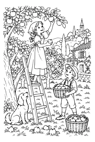 Coloriage : La cueillette des pommes.