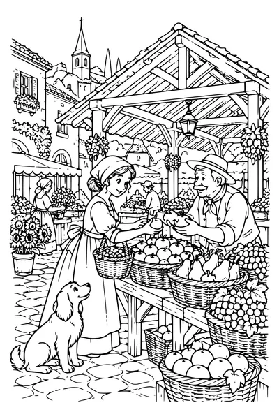 Coloriage : Les paniers de fruits au marché.