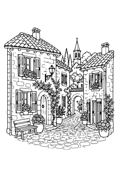 Coloriage : Une ruelle aux volets ouverts.