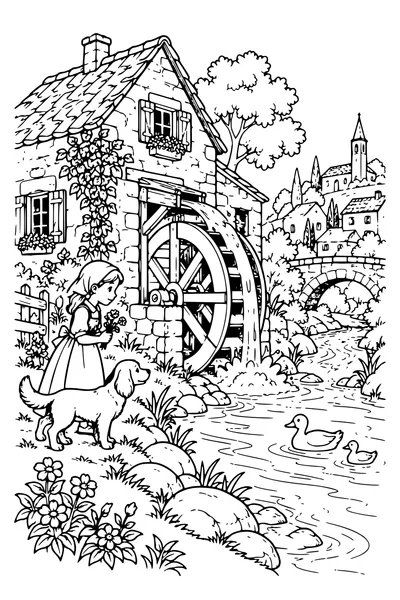 Coloriage : Le moulin au bord du ruisseau.