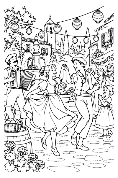 Coloriage : La fête du village sous les lampions.