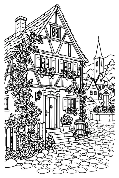 Coloriage : Des roses sur la maison à colombages.