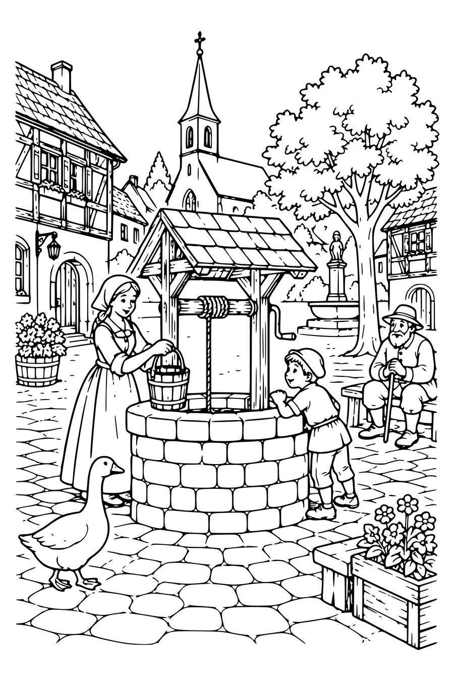 Coloriage : De l'eau au puits du village.