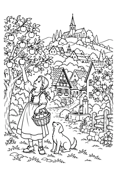 Coloriage : Des pommes au village perché.