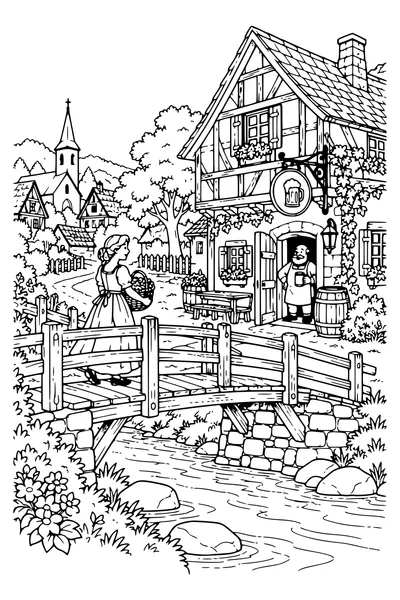 Coloriage : Le pont de bois près de l'auberge.