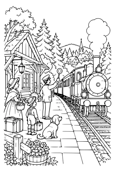 Coloriage : Le train à la gare des bois.