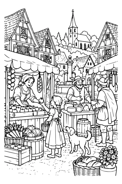 Coloriage : Les étals du marché du village.