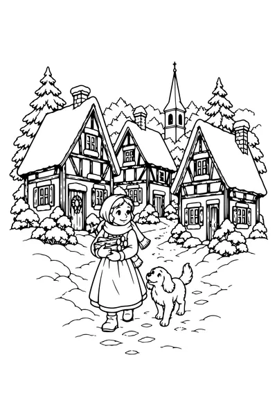 Coloriage : Promenade dans la rue enneigée.
