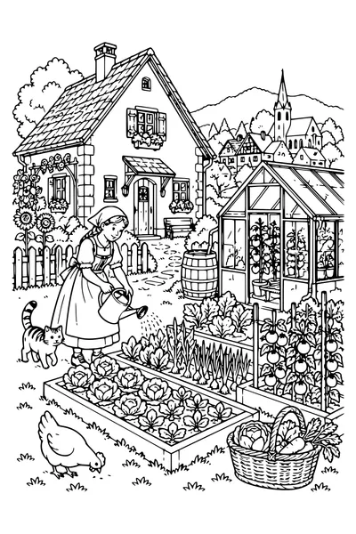Coloriage : Le potager et la petite serre.