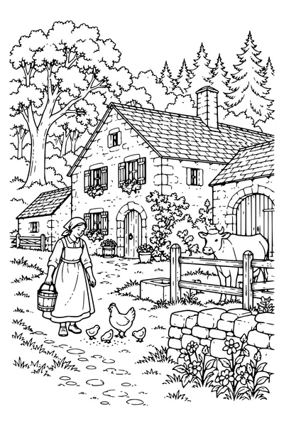 Coloriage : La ferme au bord de la forêt.