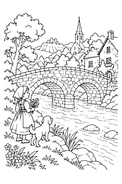 Coloriage : Le pont de pierre sur la rivière.