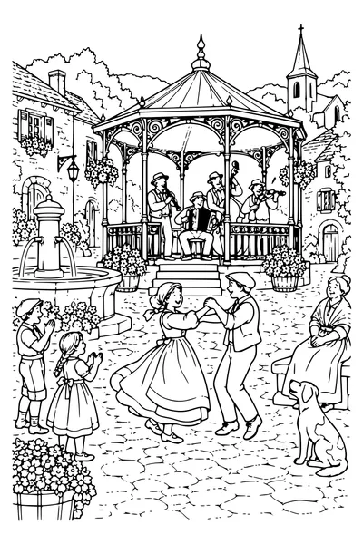 Coloriage : La musique sur la place.