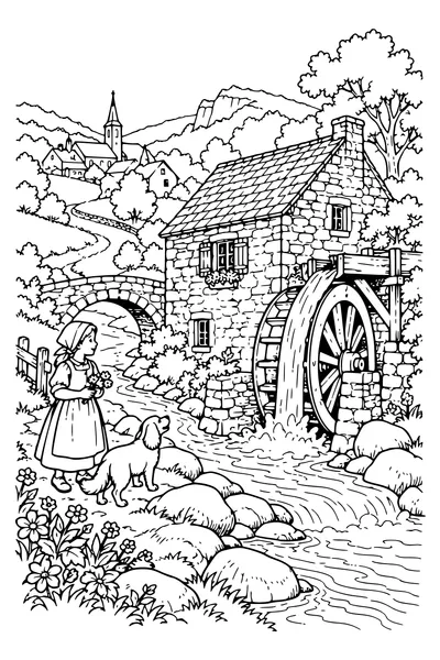 Coloriage : Le moulin dans les collines.