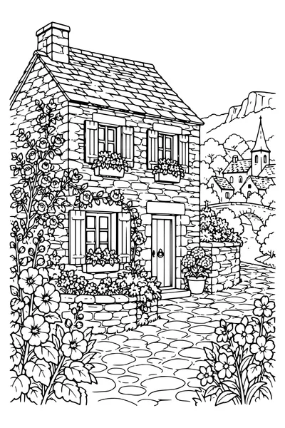 Coloriage : Des fleurs près de la maison d'ardoise.