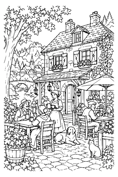 Coloriage : La terrasse de l'auberge.