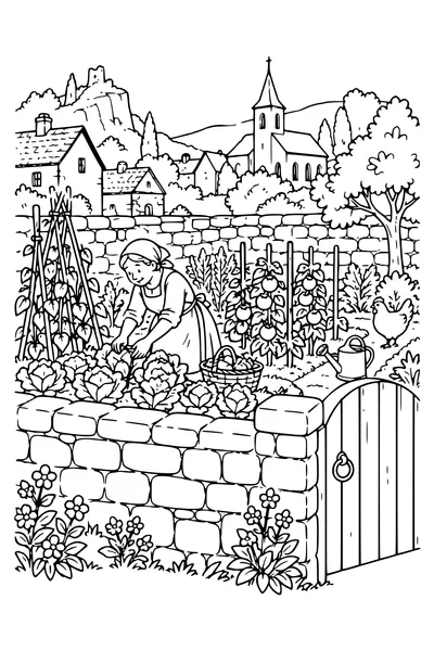 Coloriage : Le potager derrière le mur.