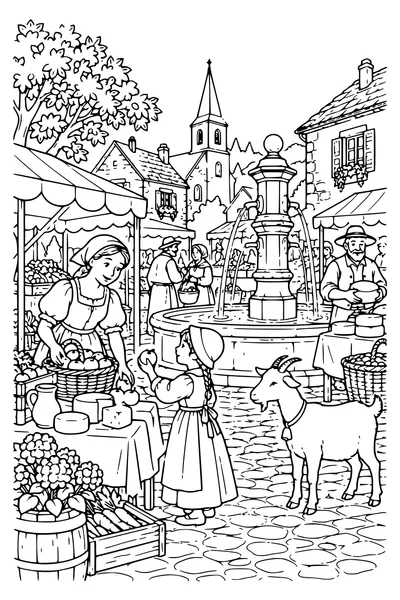 Coloriage : Le marché près de la fontaine.