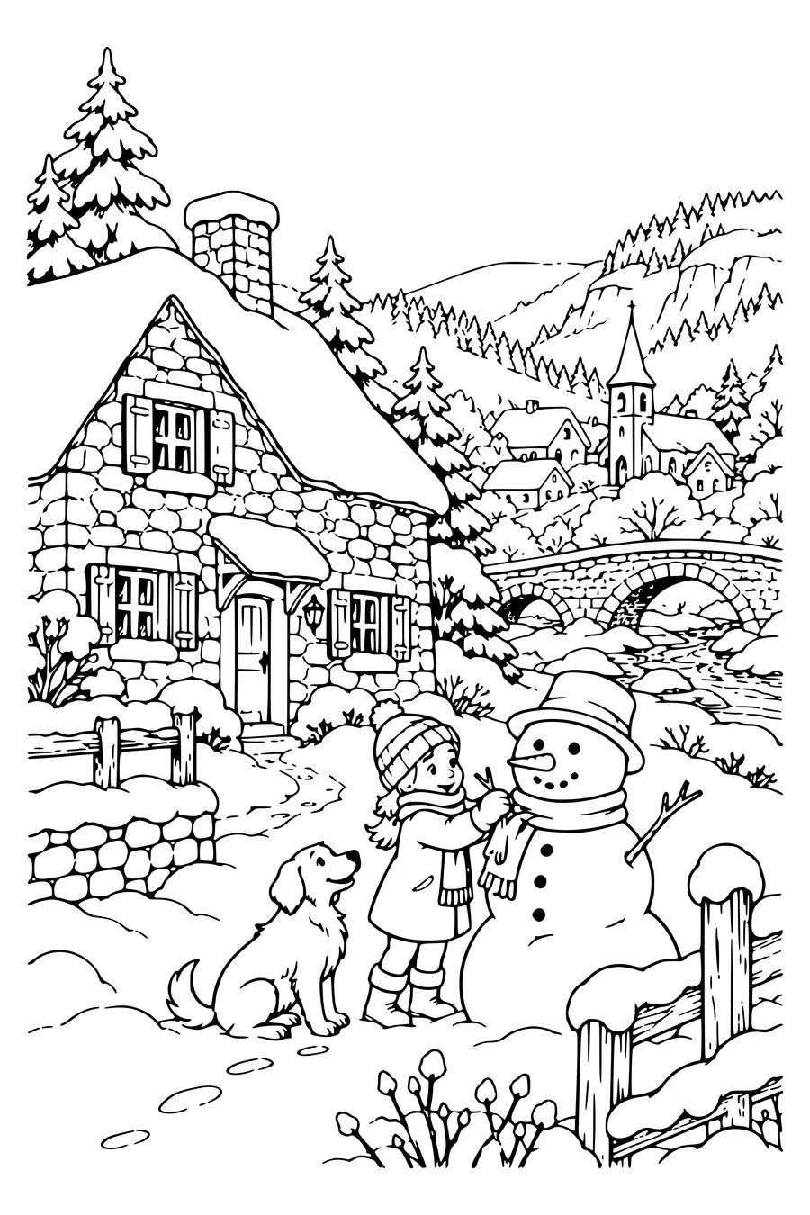 Coloriage : Le bonhomme de neige près de la maison.