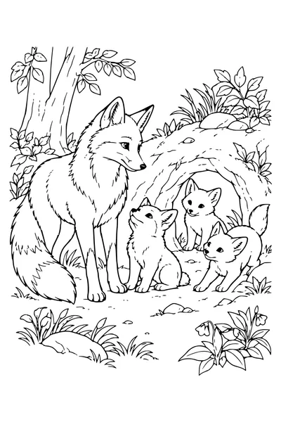 Ausmalbild: Fuchs mit Jungen am Bau.