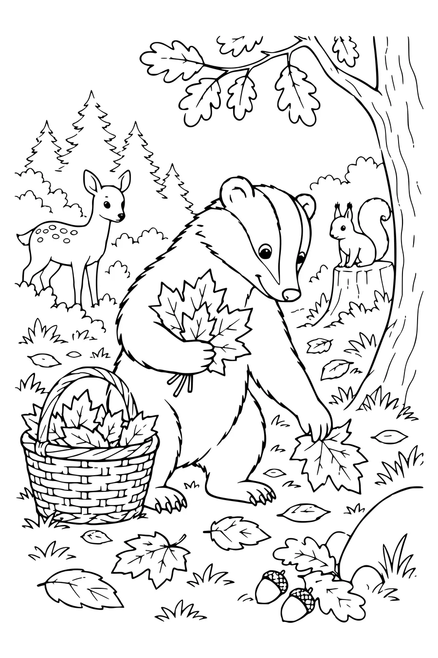 Kleurplaat: Das met herfstbladeren.