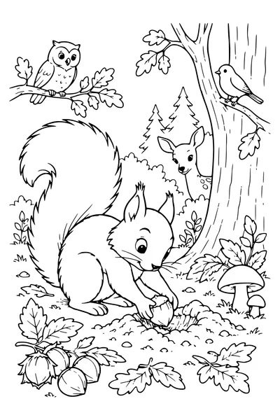 Ausmalbild: Eichhörnchen versteckt eine Nuss.