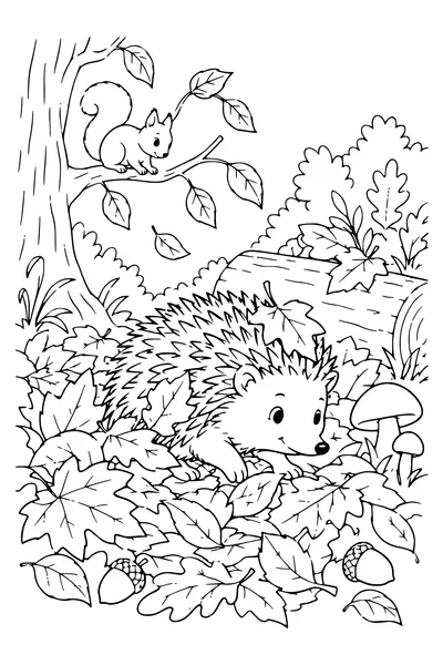 Ausmalbild: Igel im Herbstlaub.