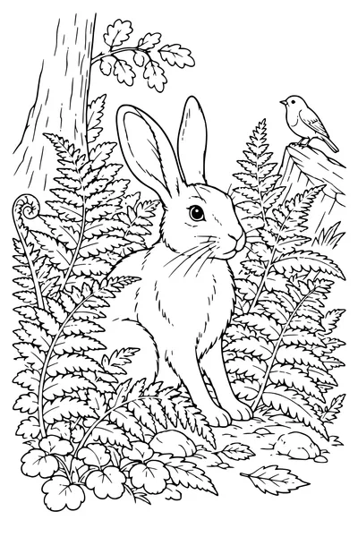 Ausmalbild: Hase zwischen Farnen.