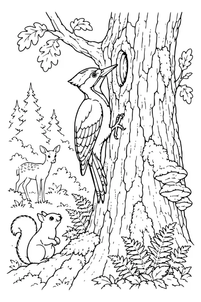 Ausmalbild: Specht am alten Baum.