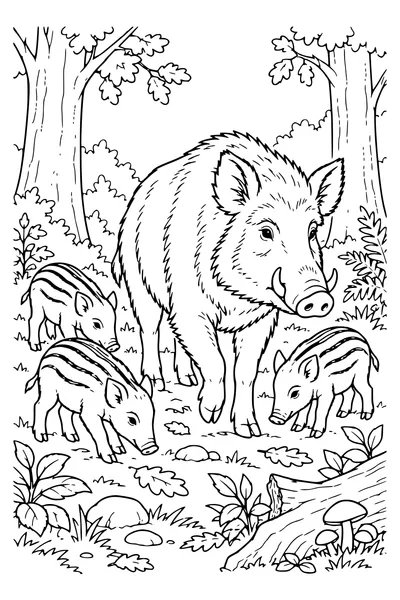 Ausmalbild: Wildschwein mit gestreiften Frischlingen.