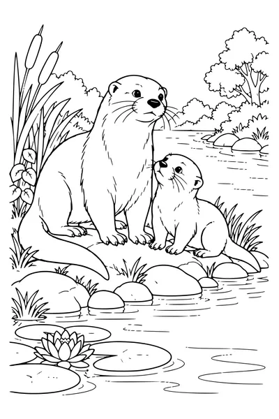 Ausmalbild: Otter mit Jungem am Ufer.