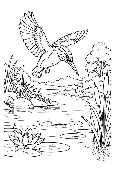 Ausmalbild: Eisvogel über dem Wasser.