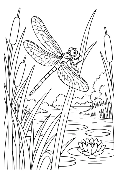 Ausmalbild: Libelle zwischen Schilf.