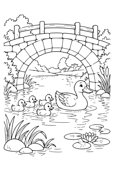 Ausmalbild: Entenfamilie unter der Brücke.